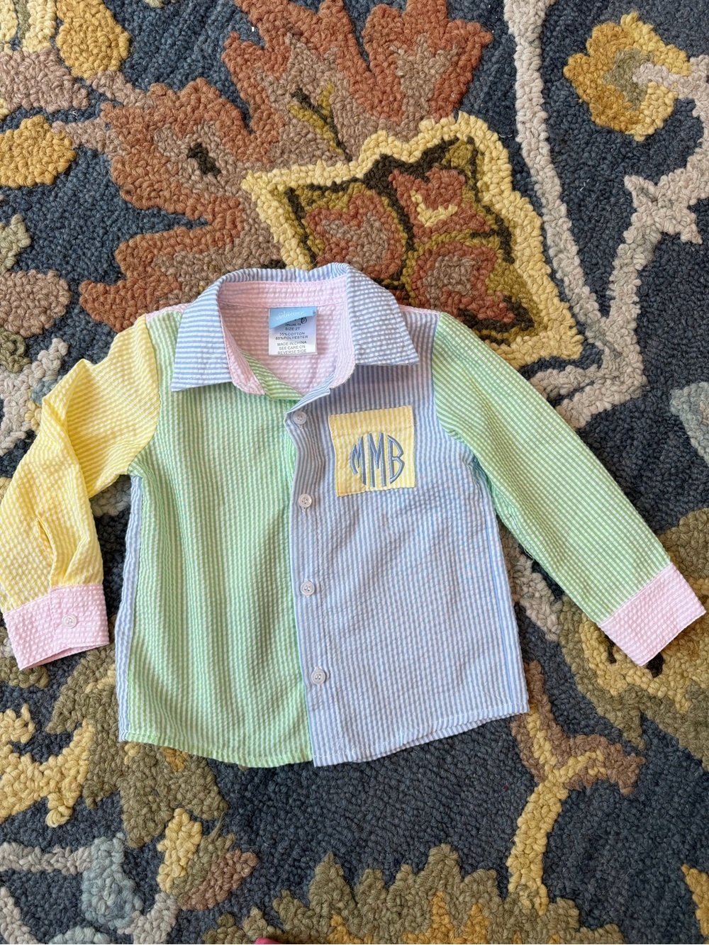 Classic Whimsy Monogram Pastel Seersucker Button-Down Shirt for Kids MBM